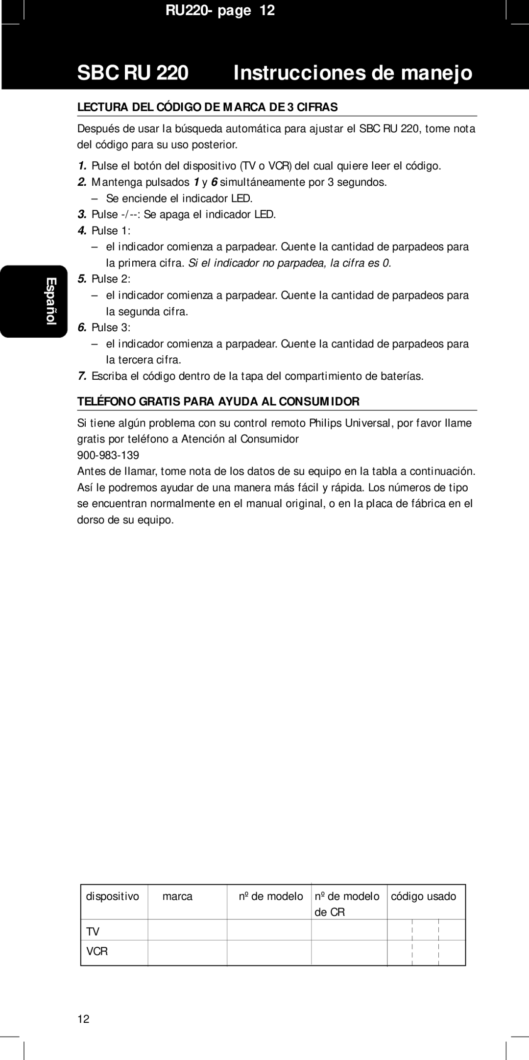 Philips SBC RU 220/00 manual Lectura DEL Código DE Marca DE 3 Cifras, Teléfono Gratis Para Ayuda AL Consumidor, De CR 