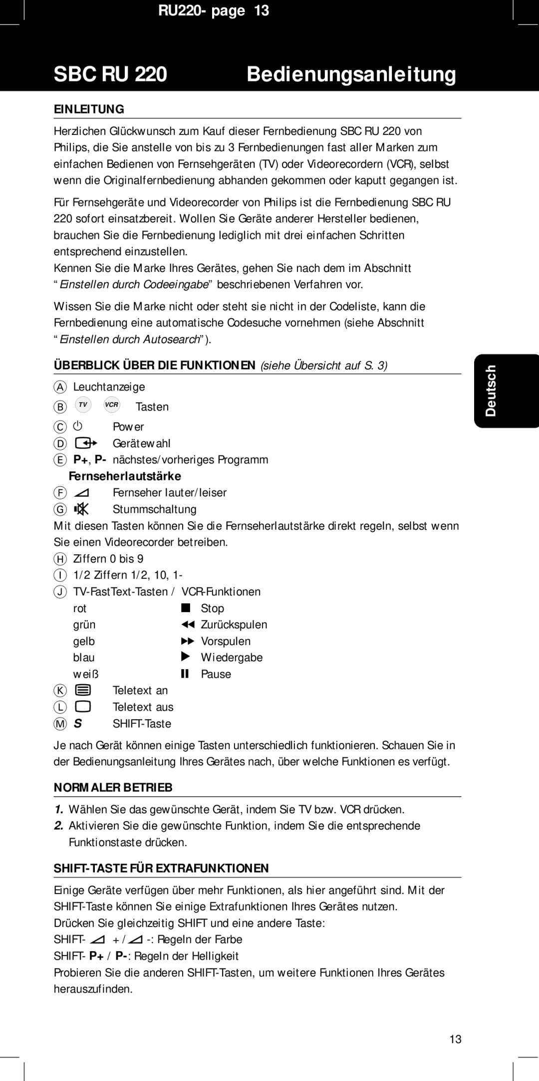 Philips SBC RU 220/00 manual Bedienungsanleitung, Einleitung, Normaler Betrieb, SHIFT-TASTE FÜR Extrafunktionen 