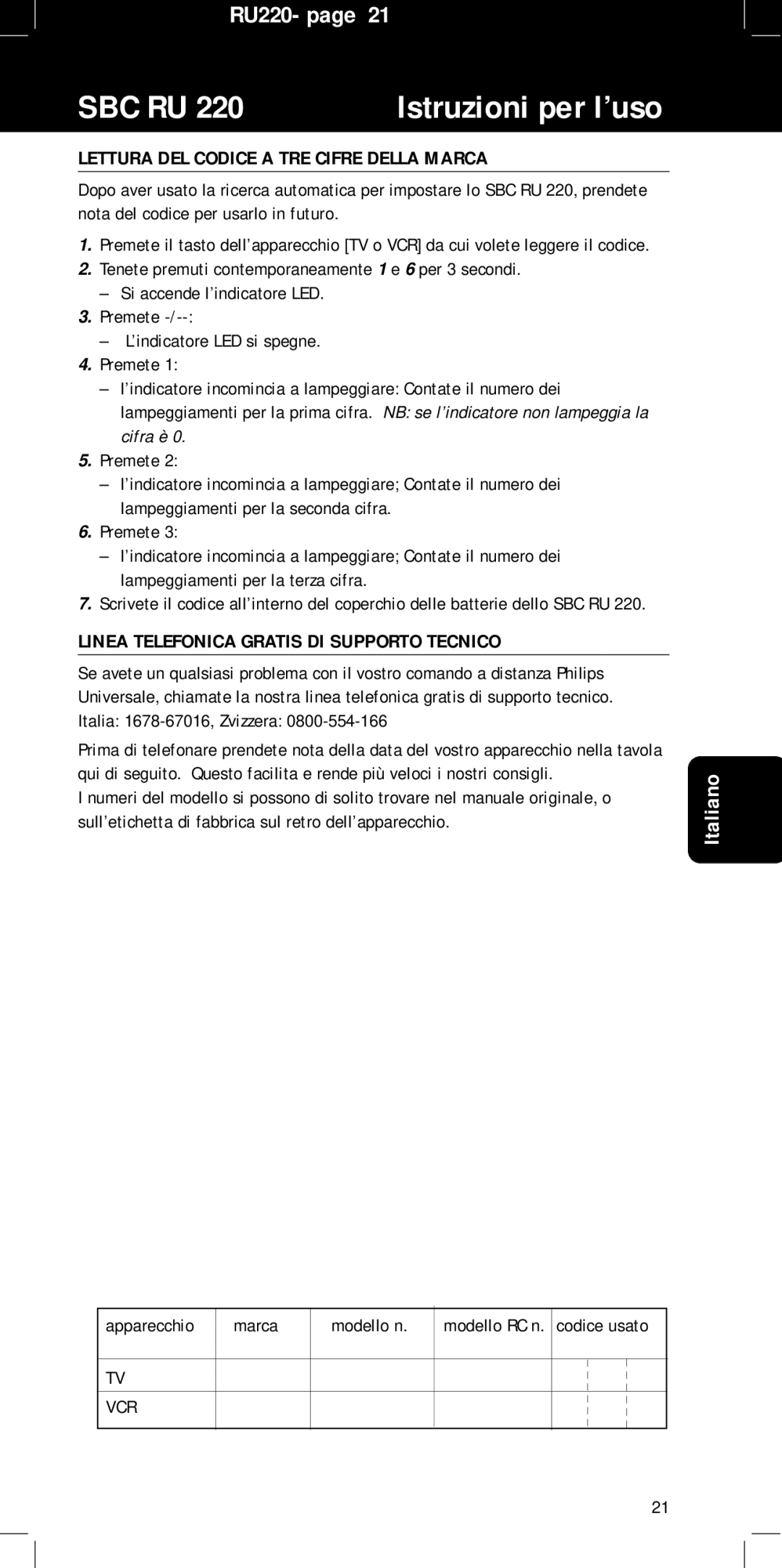 Philips SBC RU 220/00 manual Lettura DEL Codice a TRE Cifre Della Marca, Linea Telefonica Gratis DI Supporto Tecnico 