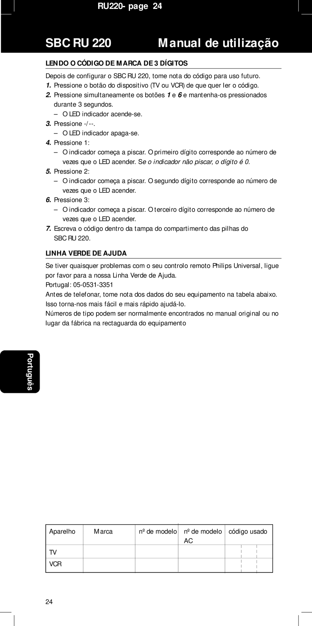 Philips SBC RU 220/00 manual Lendo O Código DE Marca DE 3 Dígitos, Linha Verde DE Ajuda, Aparelho Marca 