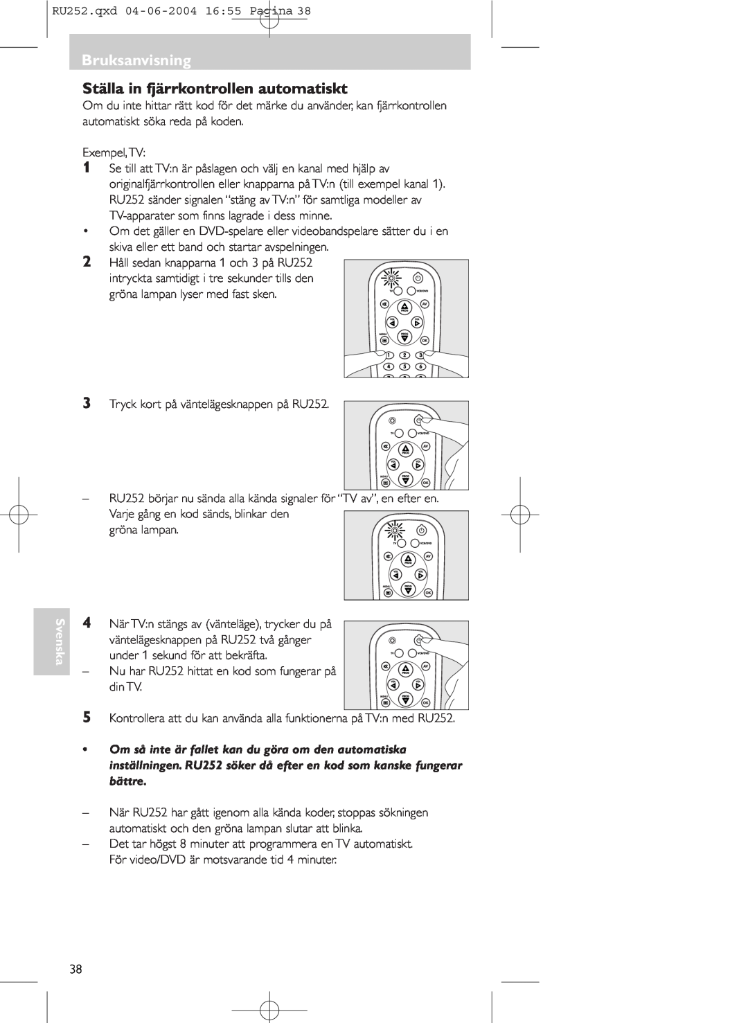 Philips SBC RU 252 manual Ställa in fjärrkontrollen automatiskt, Bruksanvisning, Svenska 