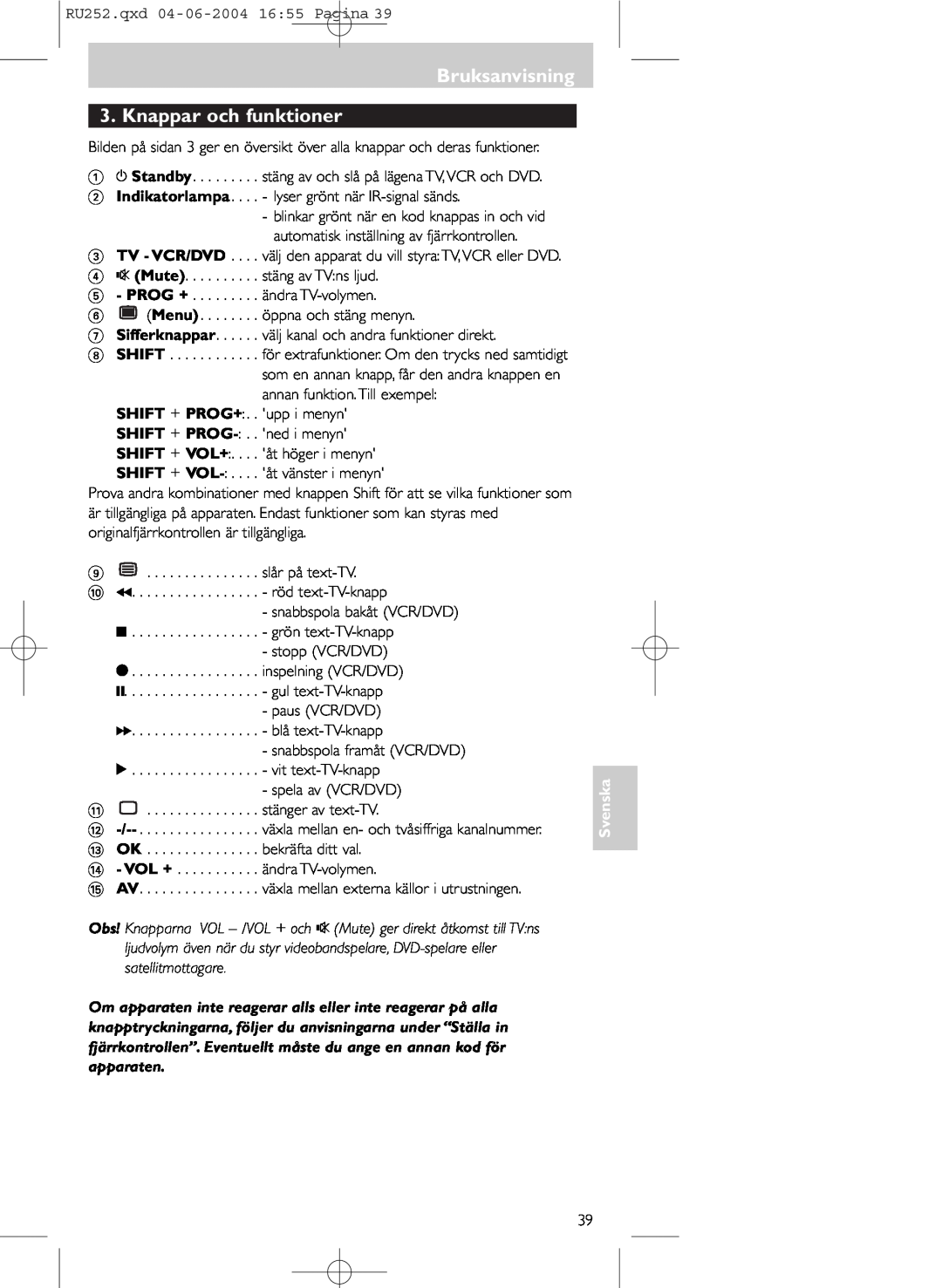 Philips SBC RU 252 manual Bruksanvisning 3. Knappar och funktioner, Svenska 