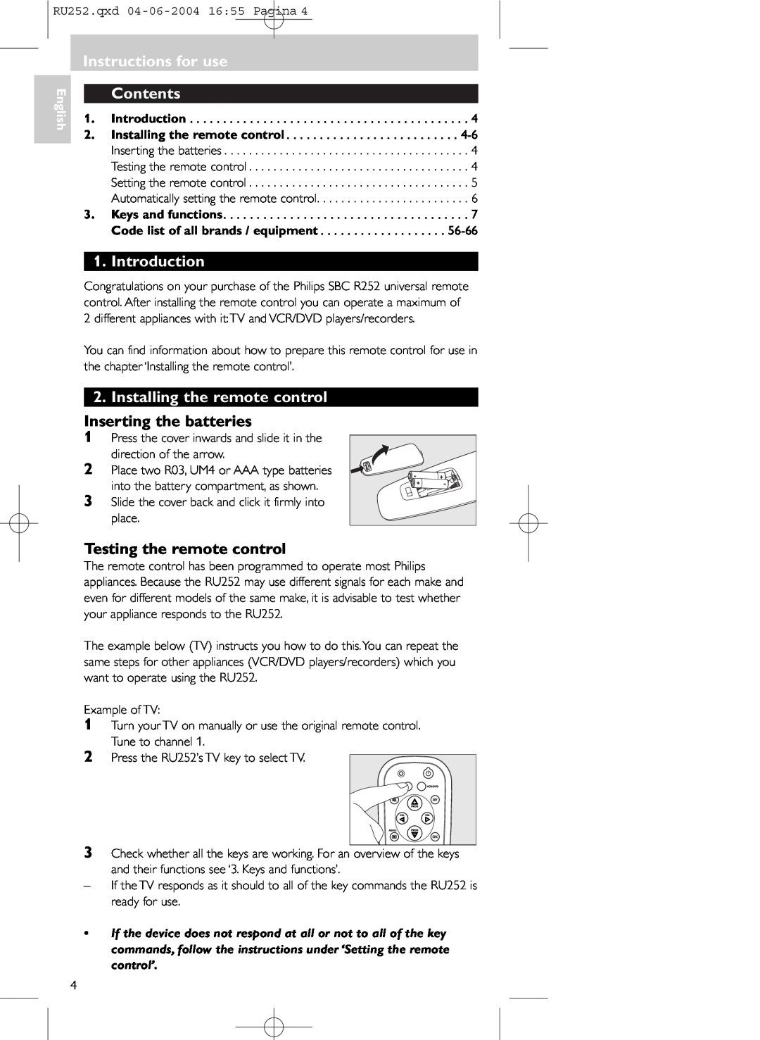 Philips SBC RU 252 Instructions for use Contents, Introduction, Installing the remote control, Inserting the batteries 