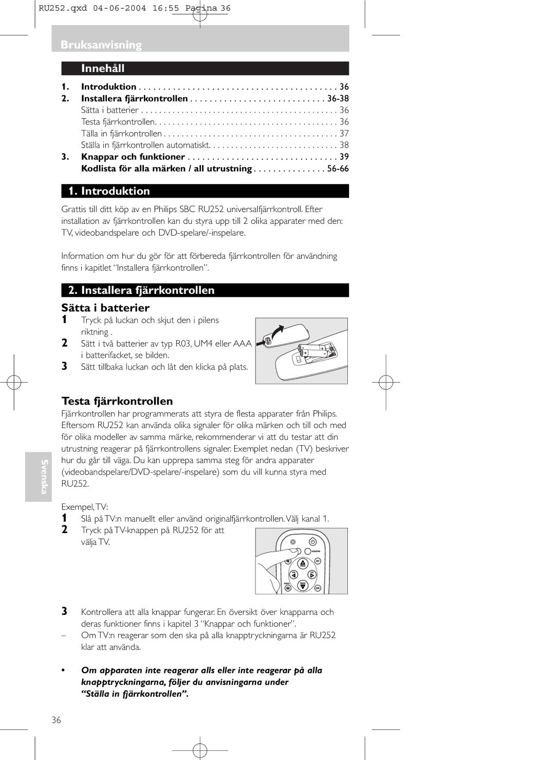 Philips SBC RU 252 manual Bruksanvisning Innehåll, Introduktion, Installera fjärrkontrollen, Sätta i batterier 