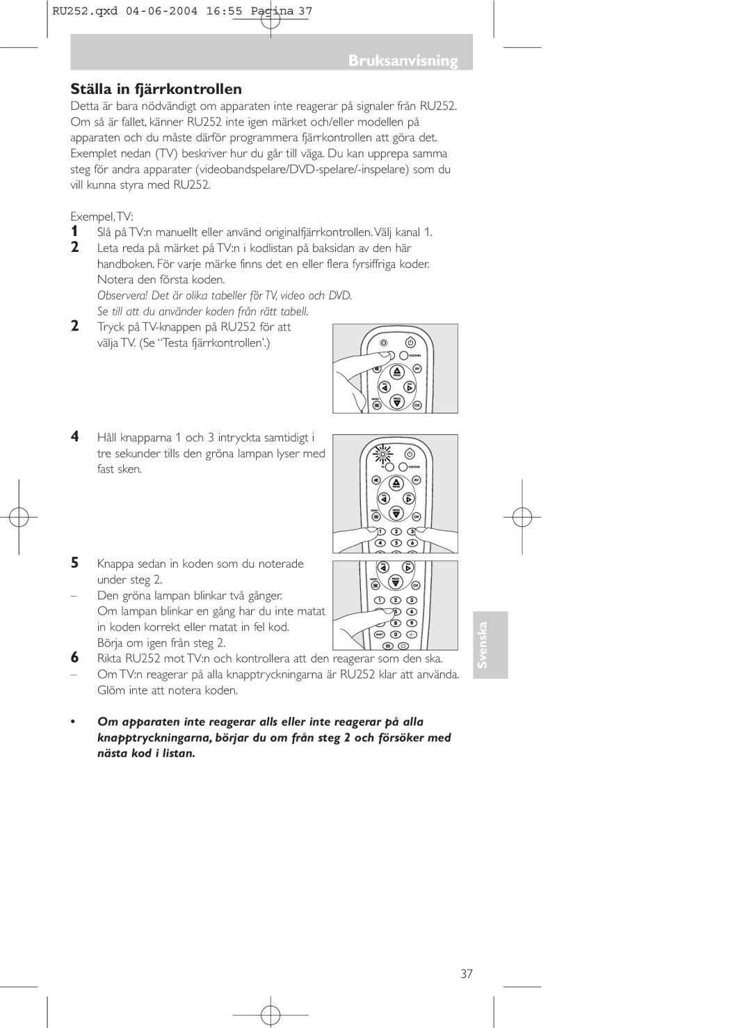 Philips SBC RU 252 manual Bruksanvisning, Ställa in fjärrkontrollen, Exempel,TV, Börja om igen från steg 