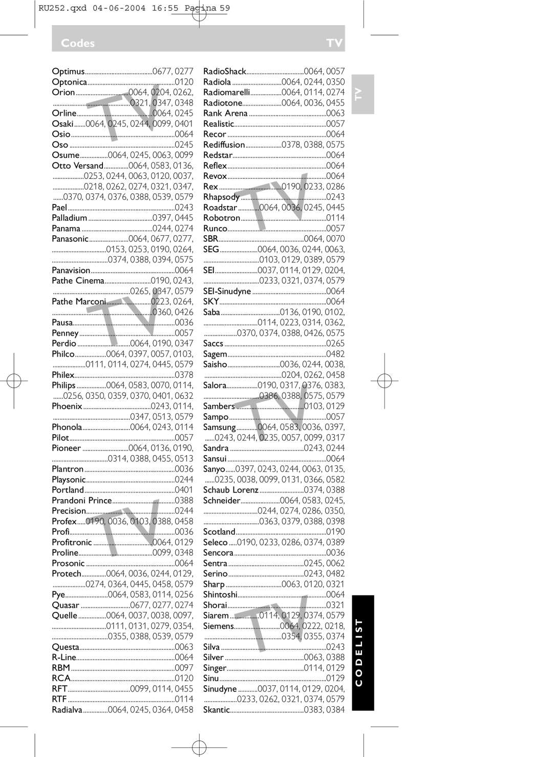 Philips SBC RU 252 manual Sbr, Seg, Sei, Sky 