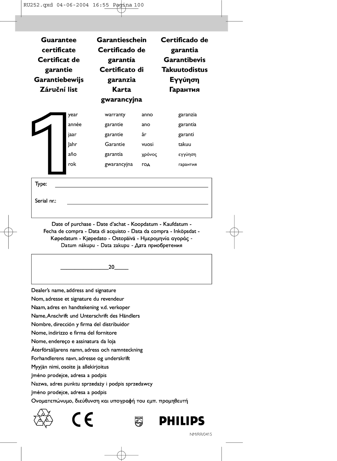 Philips SBC RU 252 manual Guarantee, Certificate Certificado de, Certificat de, Certificato di Takuutodistus 