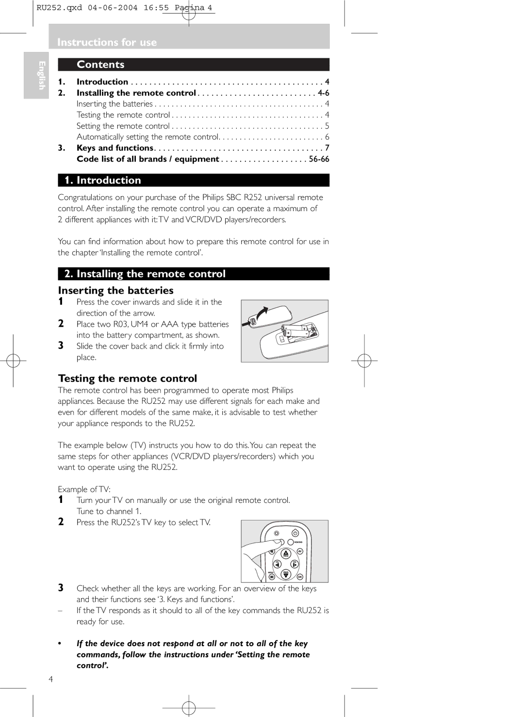 Philips SBC RU 252 manual Instructions for use Contents, Introduction, Installing the remote control 