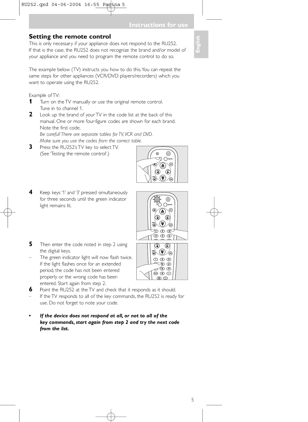 Philips SBC RU 252 manual Instructions for use, Setting the remote control 