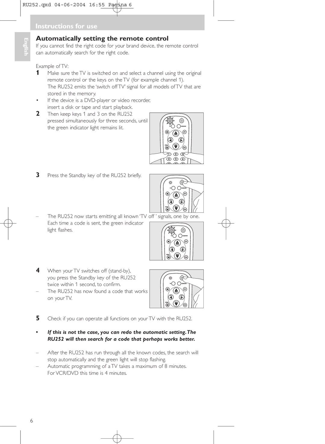 Philips SBC RU 252 manual Automatically setting the remote control, Then keep keys 1 and 3 on the RU252 