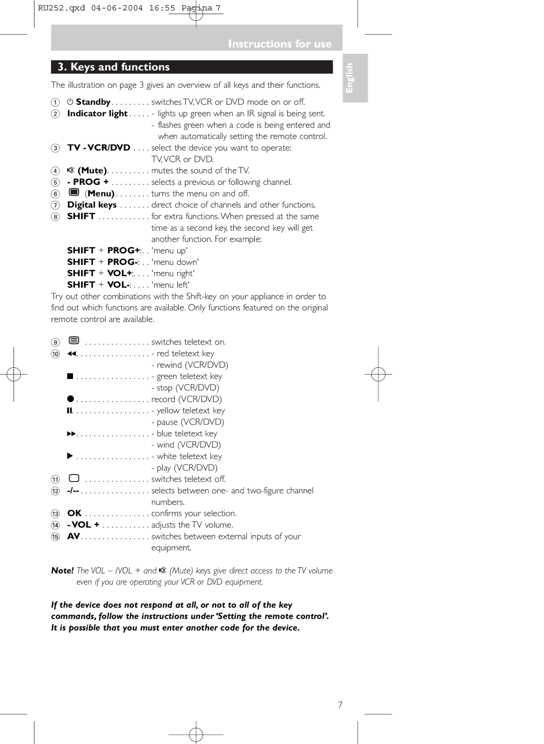 Philips SBC RU 252 manual Instructions for use Keys and functions 