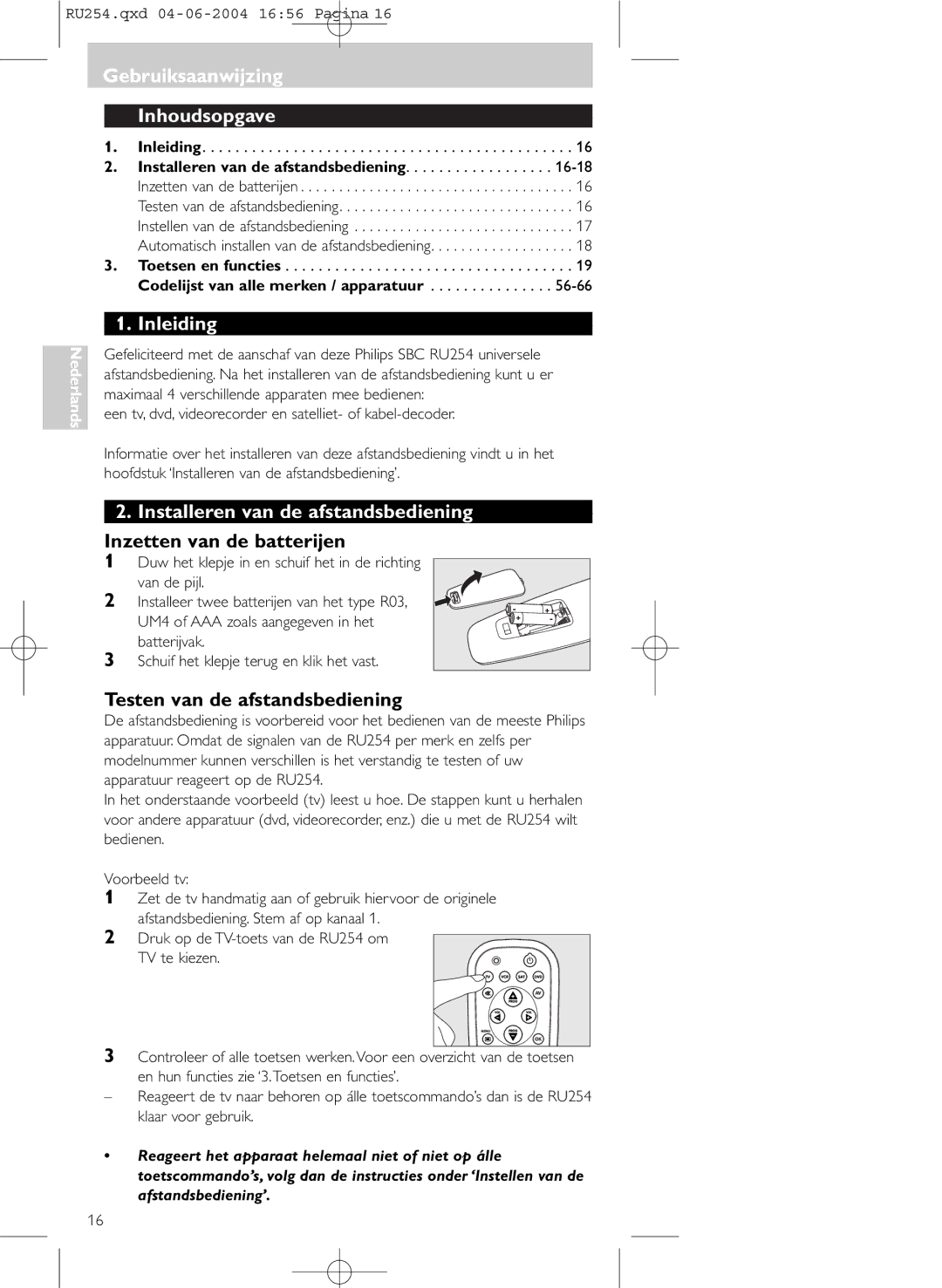 Philips SBC RU 254 manual Gebruiksaanwijzing Inhoudsopgave, Inleiding, Installeren van de afstandsbediening 