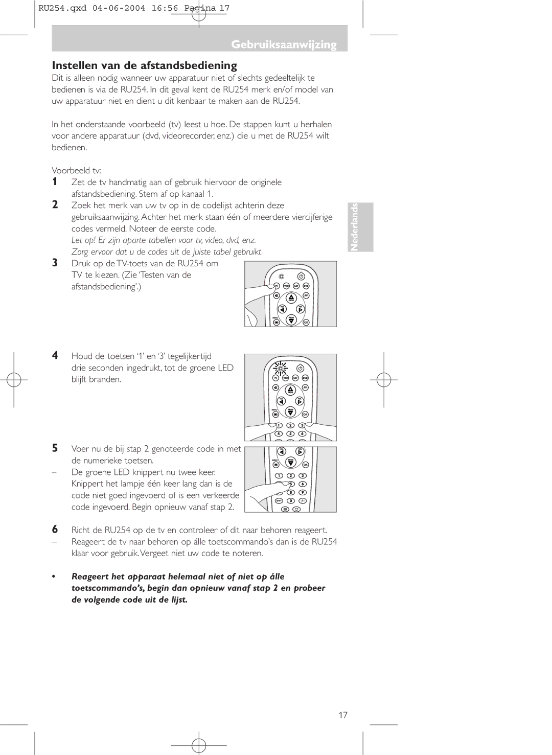 Philips SBC RU 254 manual Gebruiksaanwijzing, Instellen van de afstandsbediening 