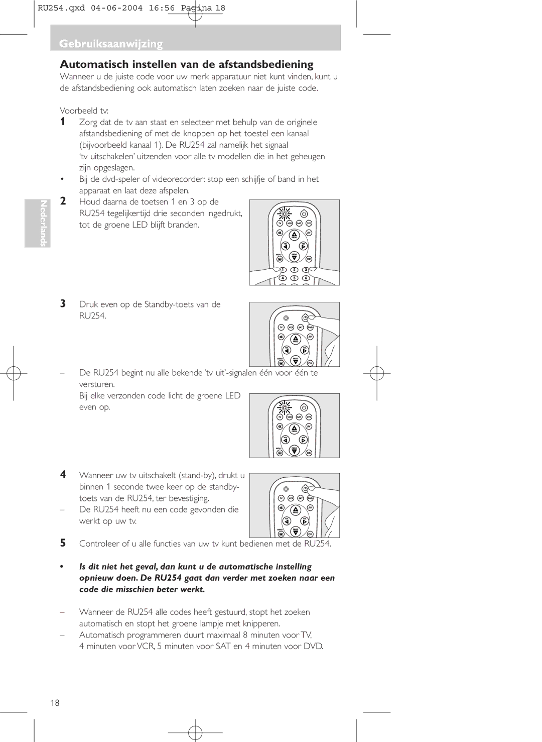 Philips SBC RU 254 manual Automatisch instellen van de afstandsbediening 