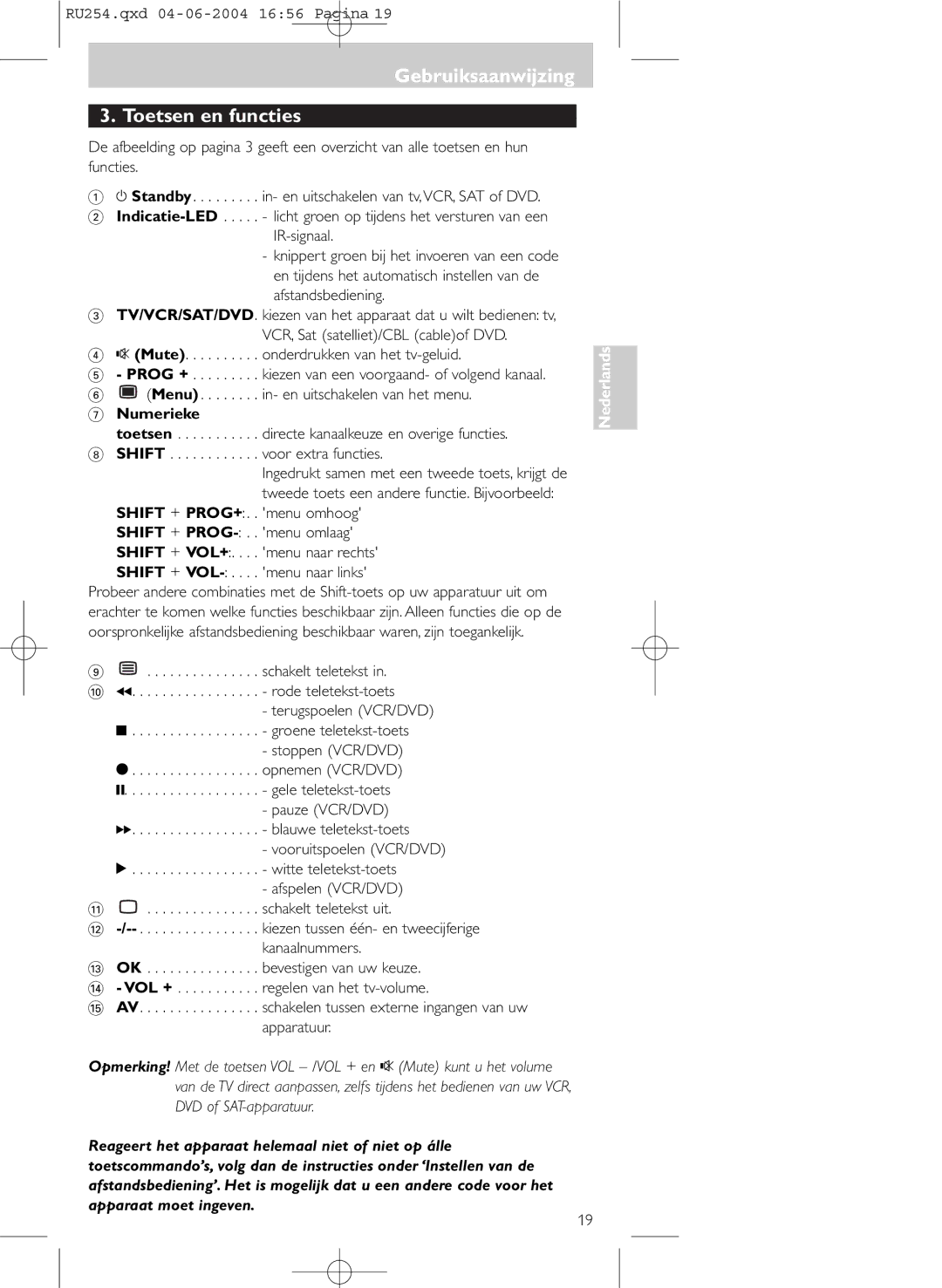 Philips SBC RU 254 manual Gebruiksaanwijzing Toetsen en functies 