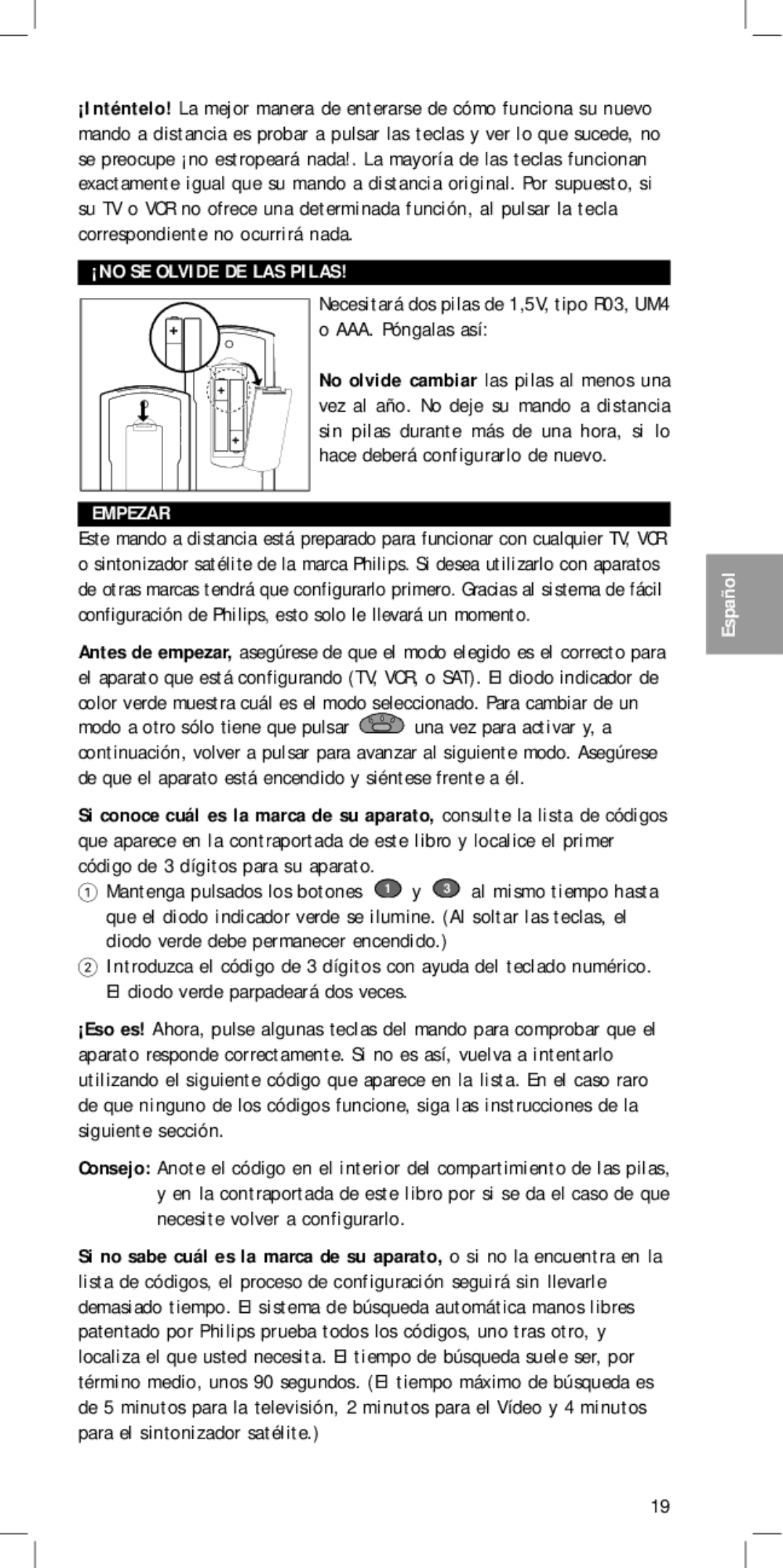 Philips SBC RU 430 manual ¡NO SE Olvide DE LAS Pilas Empezar 