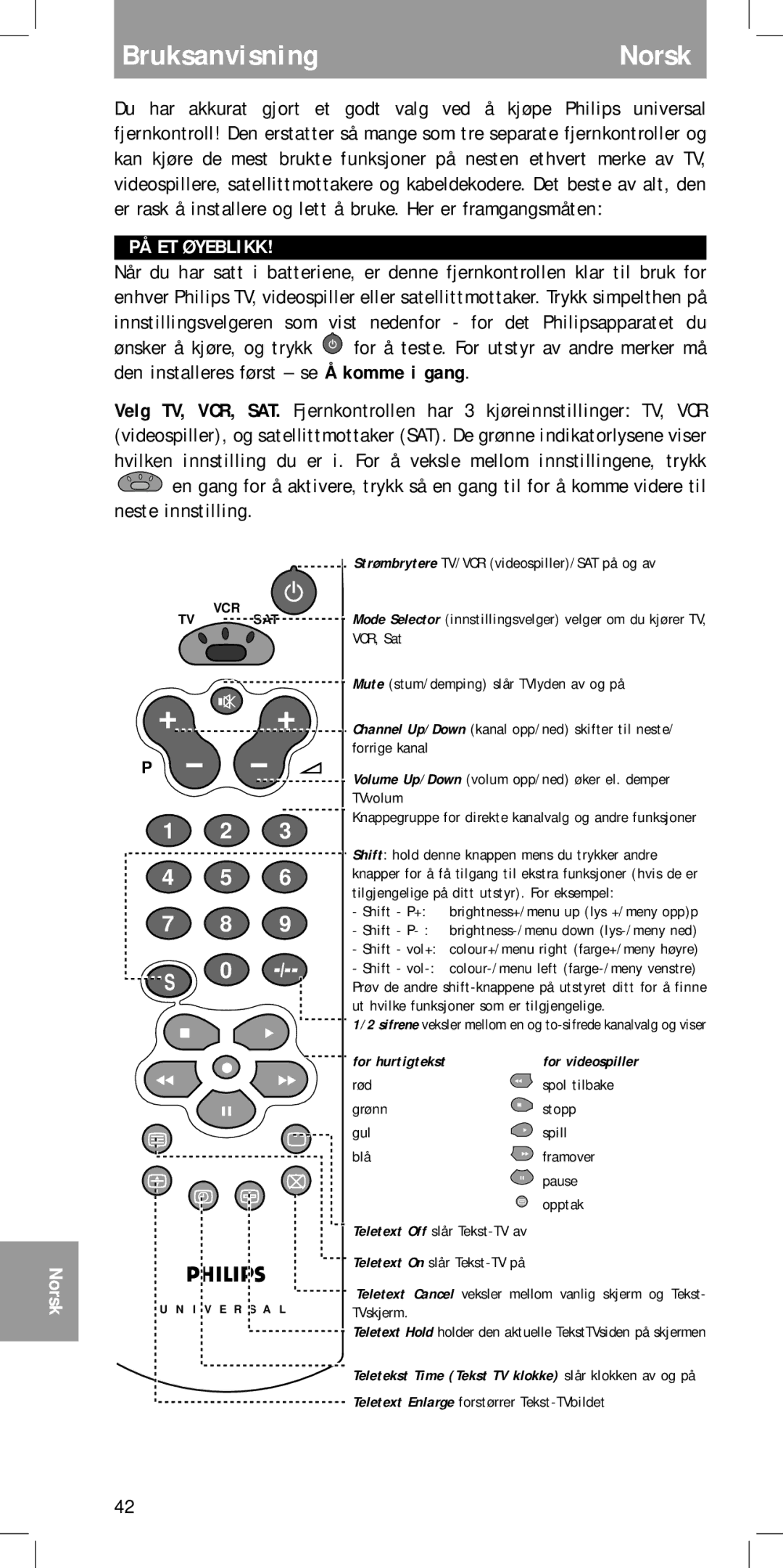 Philips SBC RU 430 manual BruksanvisningNorsk, PÅ ET Øyeblikk, For hurtigtekst 