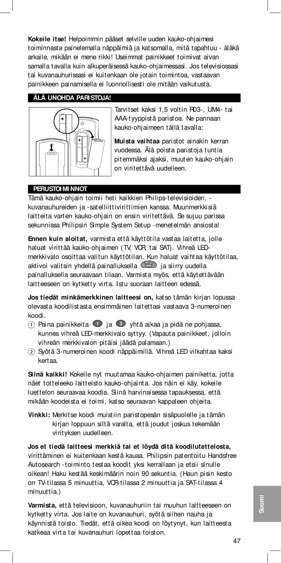 Philips SBC RU 430 manual Perustoiminnot, Suomi 