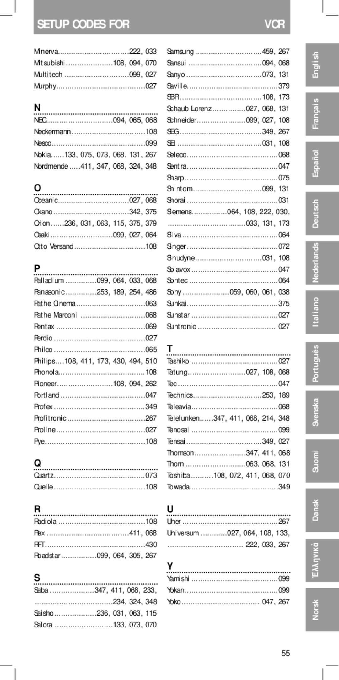 Philips SBC RU 430 manual Setup Codes for VCR 