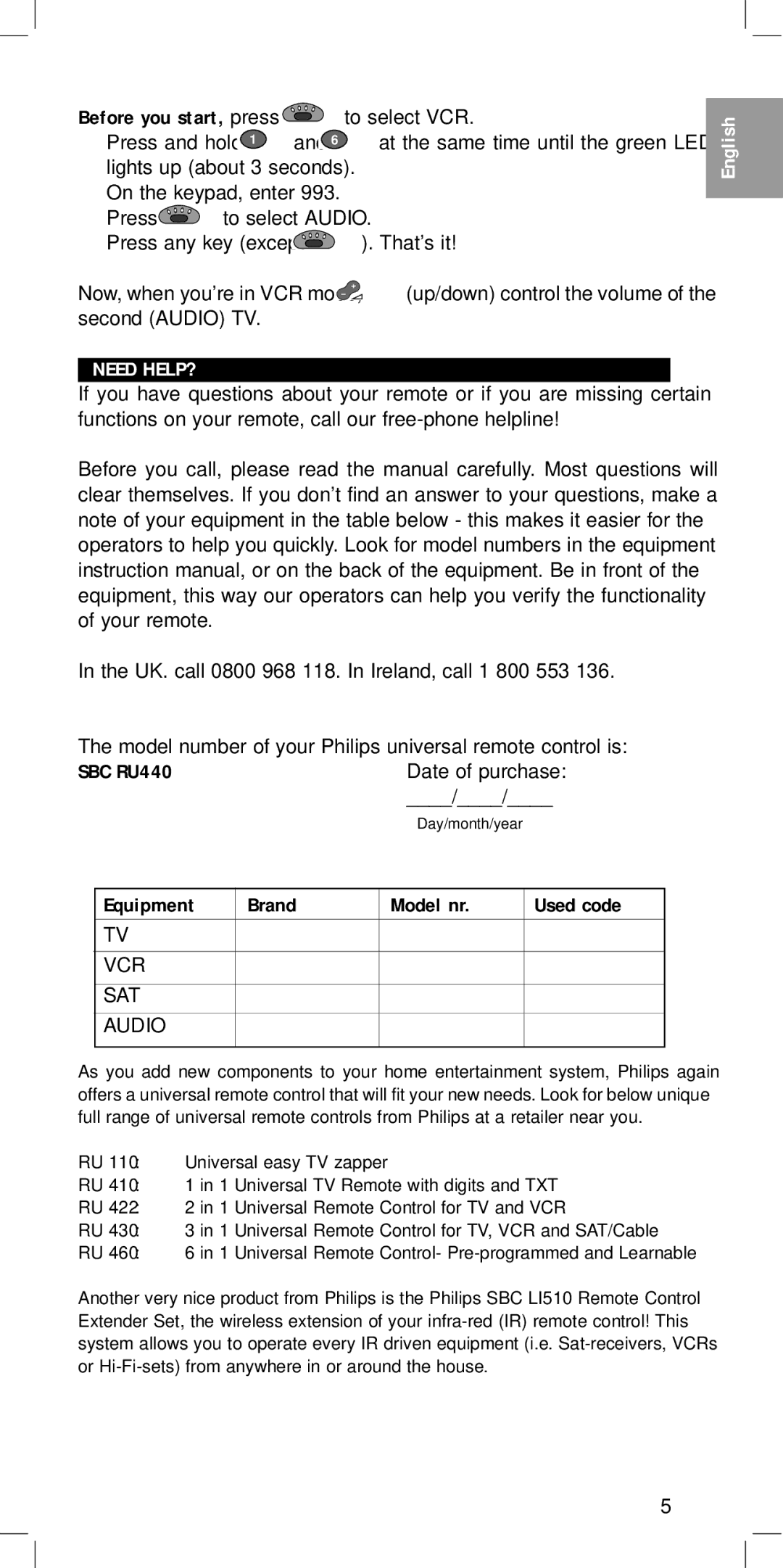 Philips SBC RU 440 manual Before you start, press, Need HELP?, SBC RU440, Equipment Brand Model nr Used code 