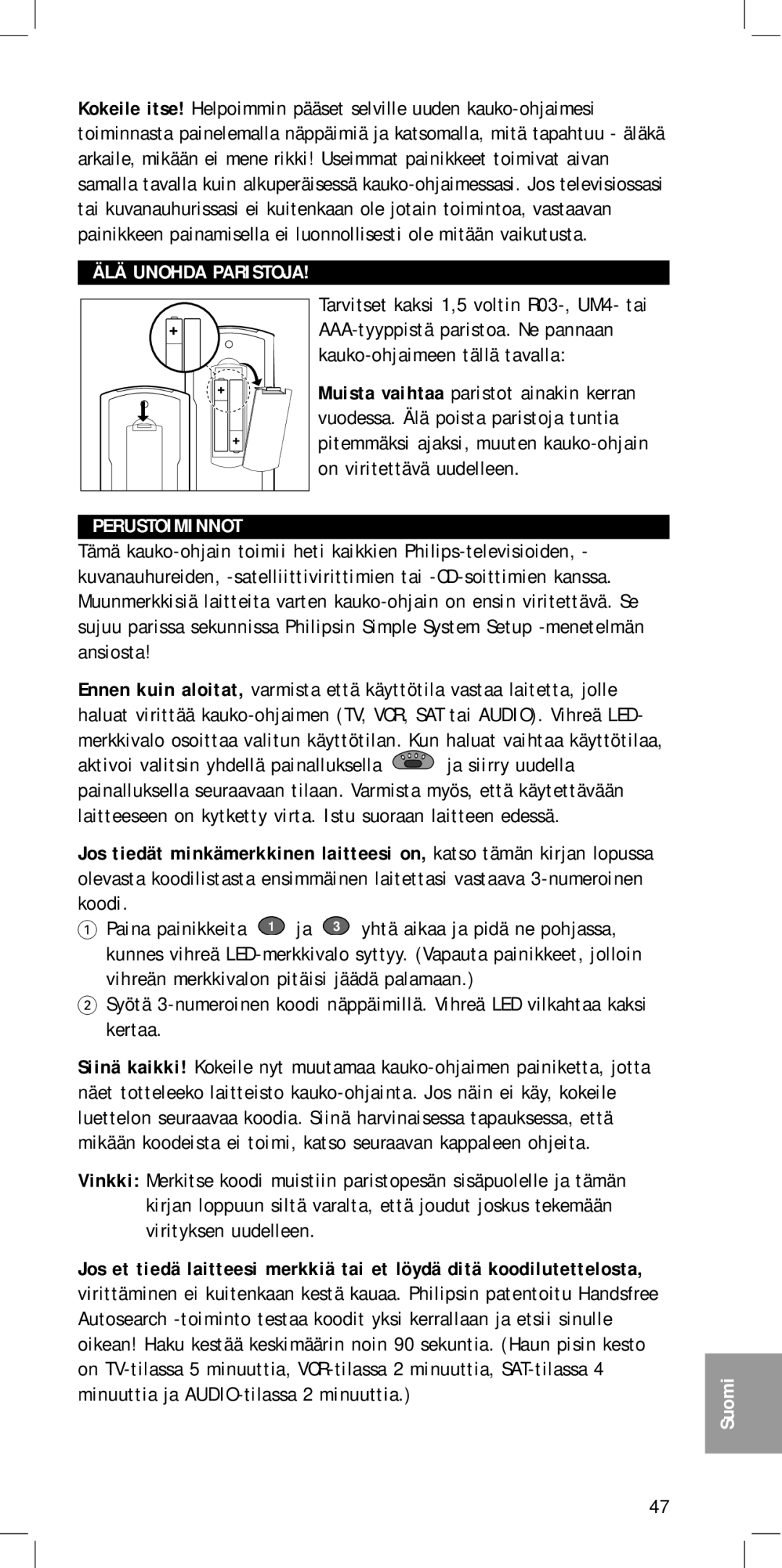 Philips SBC RU 440 manual Perustoiminnot 