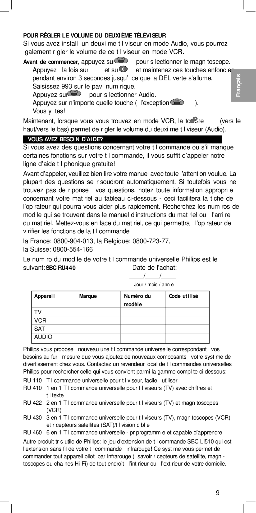 Philips SBC RU 440 manual Pour Régler LE Volume DU Deuxième Téléviseur, Vous Avez Besoin DAIDE?, Date de lachat 