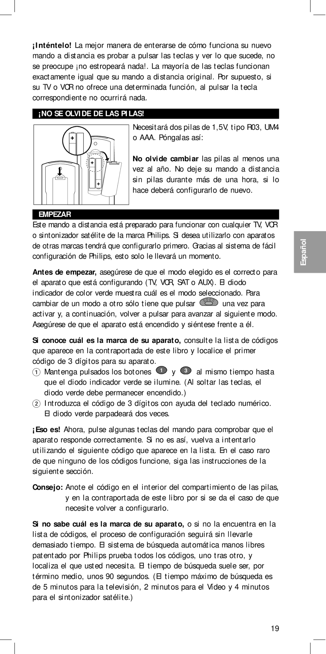 Philips SBC RU 455 manual ¡NO SE Olvide DE LAS Pilas Empezar 