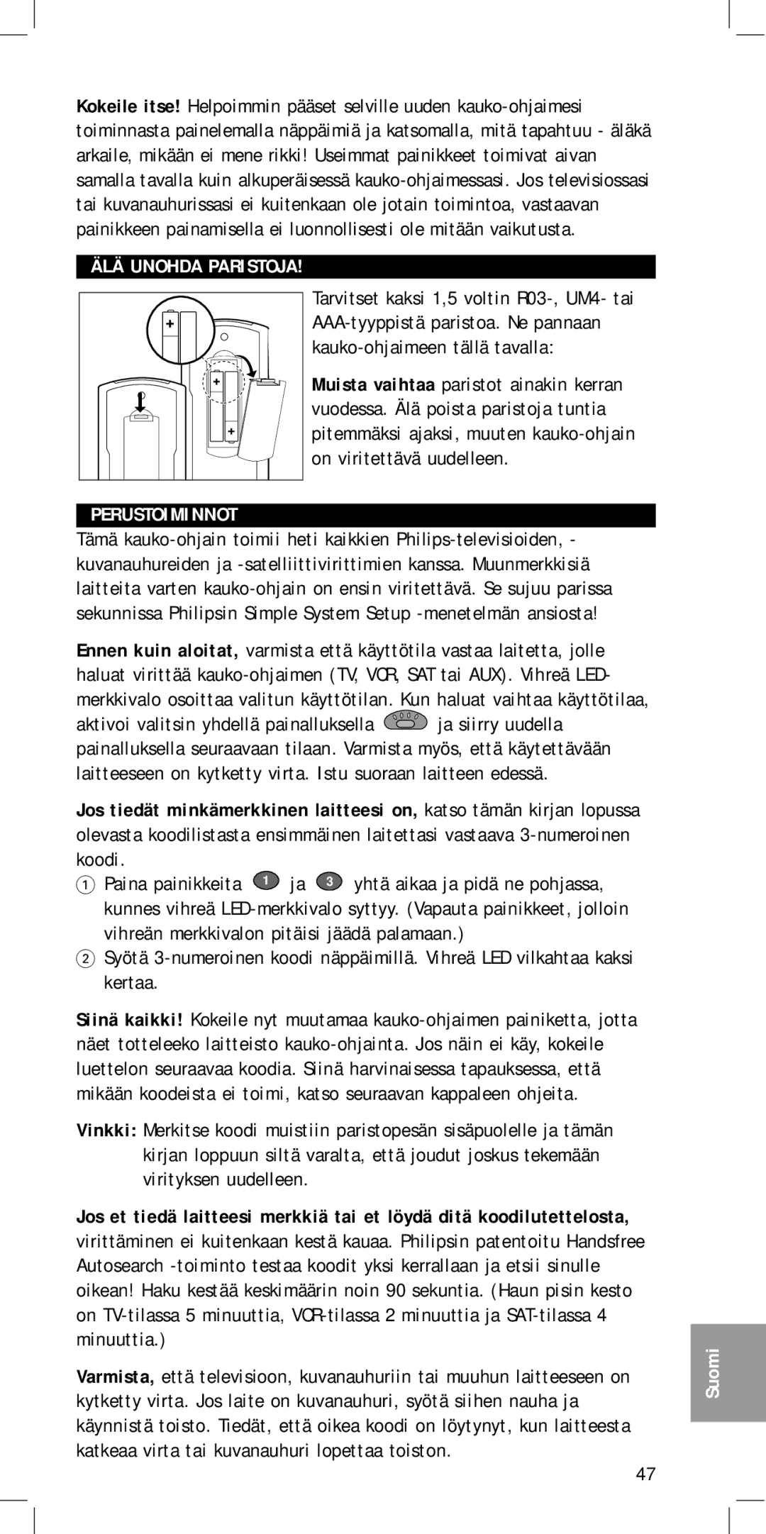 Philips SBC RU 455 manual Perustoiminnot 