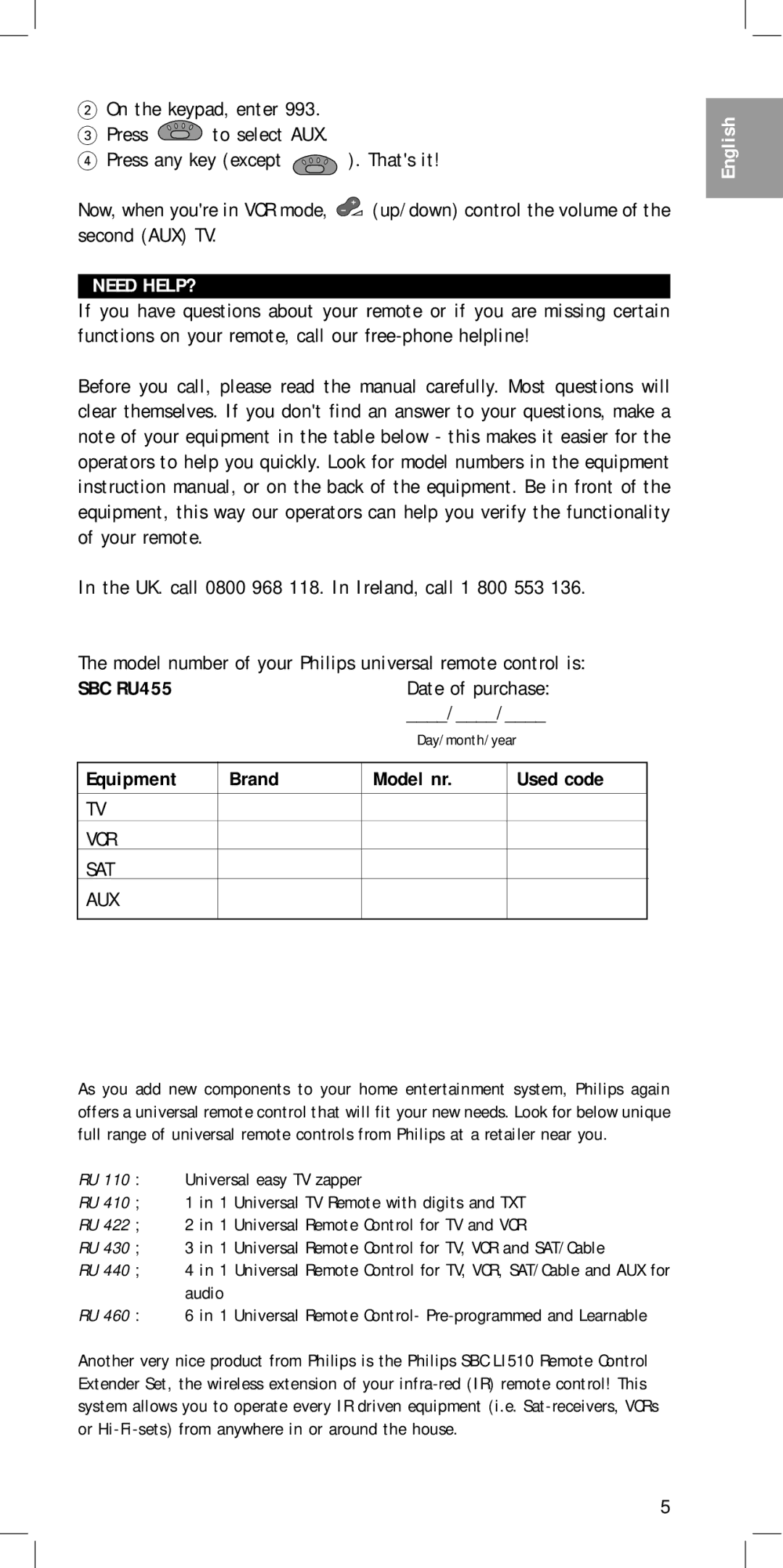 Philips SBC RU 455 manual Need HELP?, SBC RU455, Date of purchase, Equipment Brand Model nr Used code 