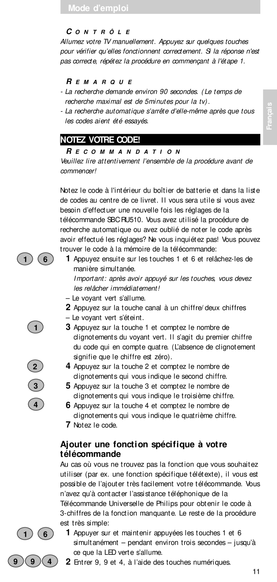 Philips SBC RU 510 manual Ajouter une fonction spécifique à votre télécommande, Le voyant vert s’allume 