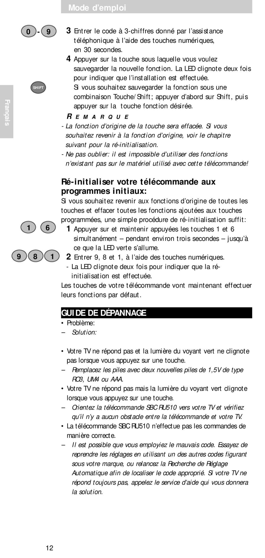 Philips SBC RU 510 manual Ré-initialiser votre télécommande aux, Programmes initiaux, Guide DE Dépannage 