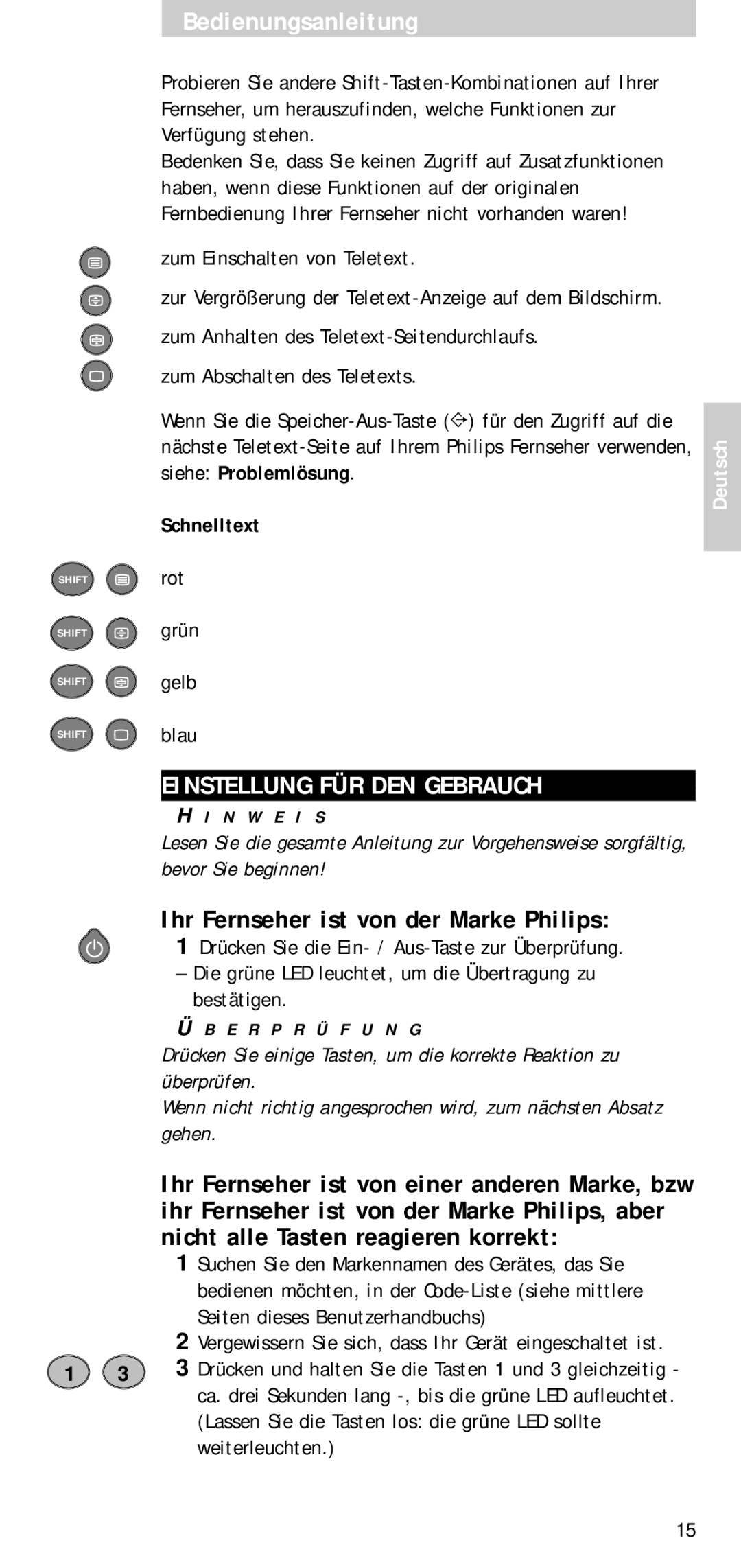 Philips SBC RU 510 manual Einstellung FÜR DEN Gebrauch, Zum Einschalten von Teletext, Rot Grün Gelb Blau 