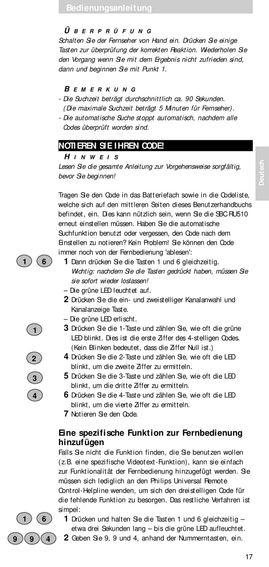 Philips SBC RU 510 manual Notieren SIE Ihren Code, Eine spezifische Funktion zur Fernbedienung hinzufügen 
