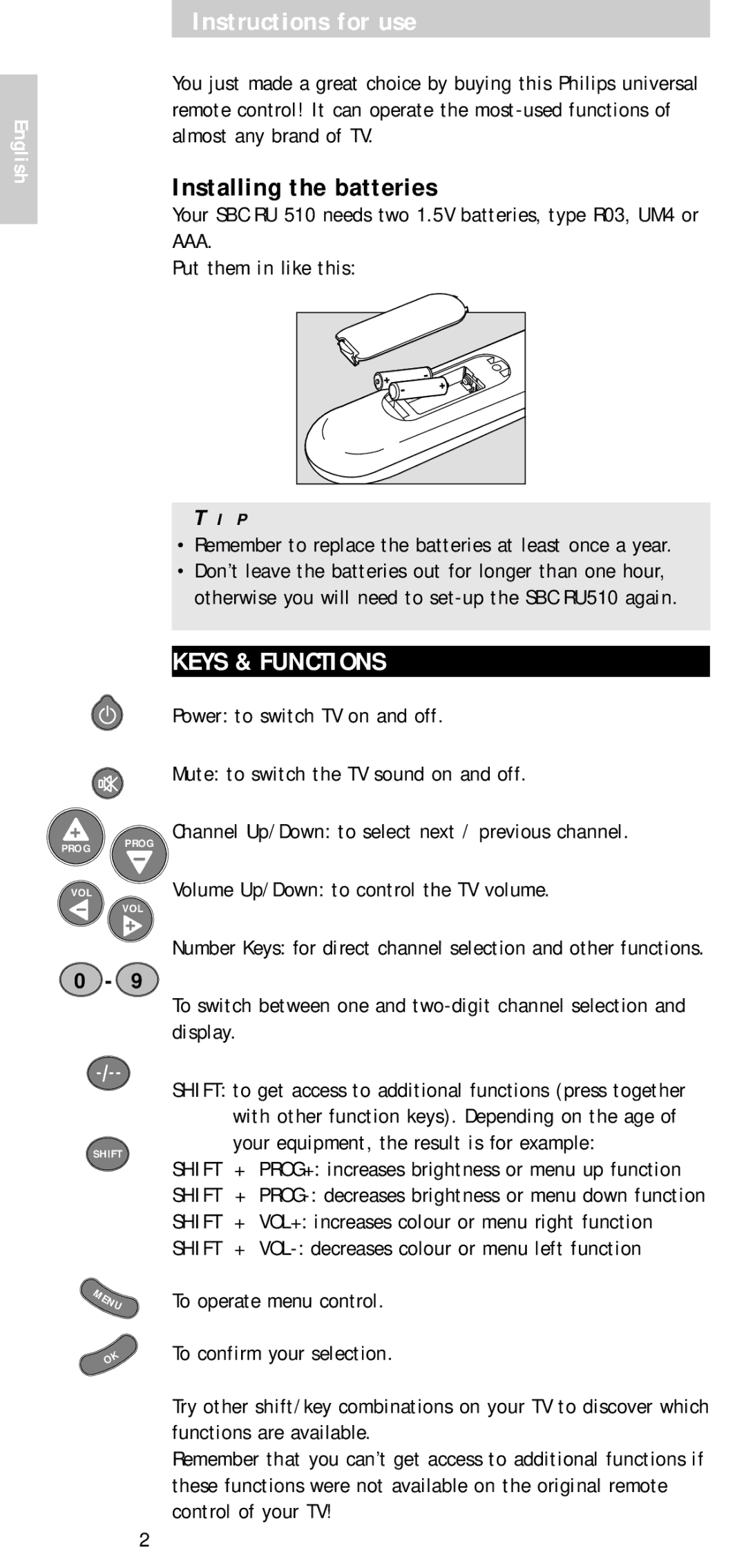 Philips SBC RU 510 manual Instructions for use, Installing the batteries, Keys & Functions, English 