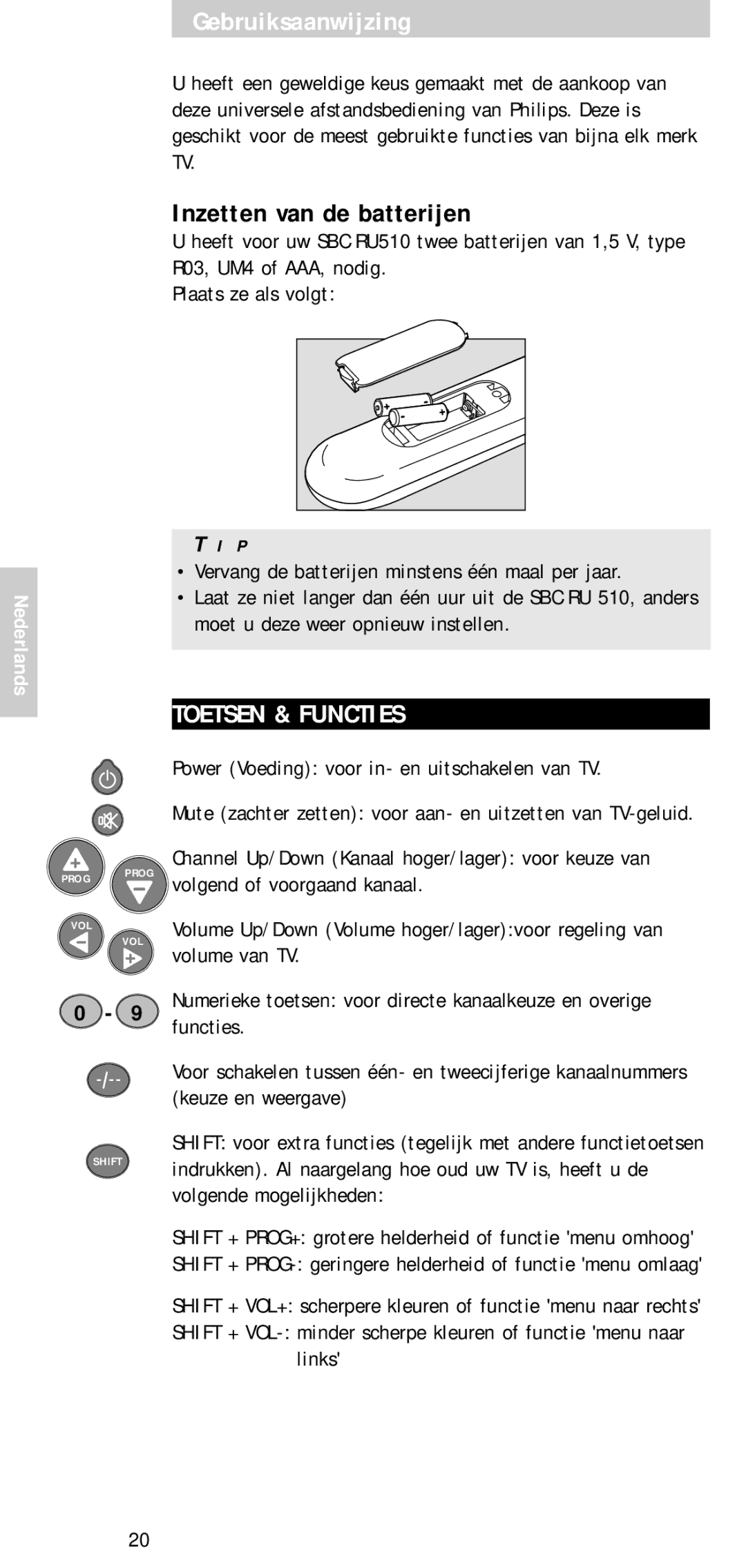 Philips SBC RU 510 manual Gebruiksaanwijzing, Inzetten van de batterijen, Toetsen & Functies, Nederlands 