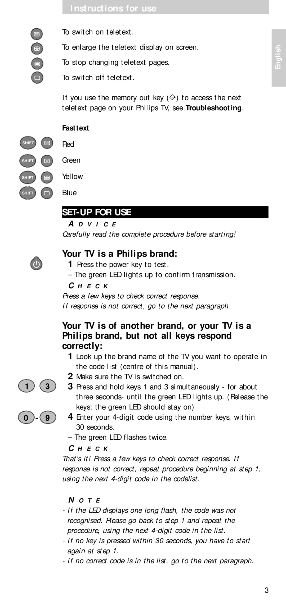 Philips SBC RU 510 manual SET-UP for USE, To stop changing teletext pages, Red Green Yellow Blue 