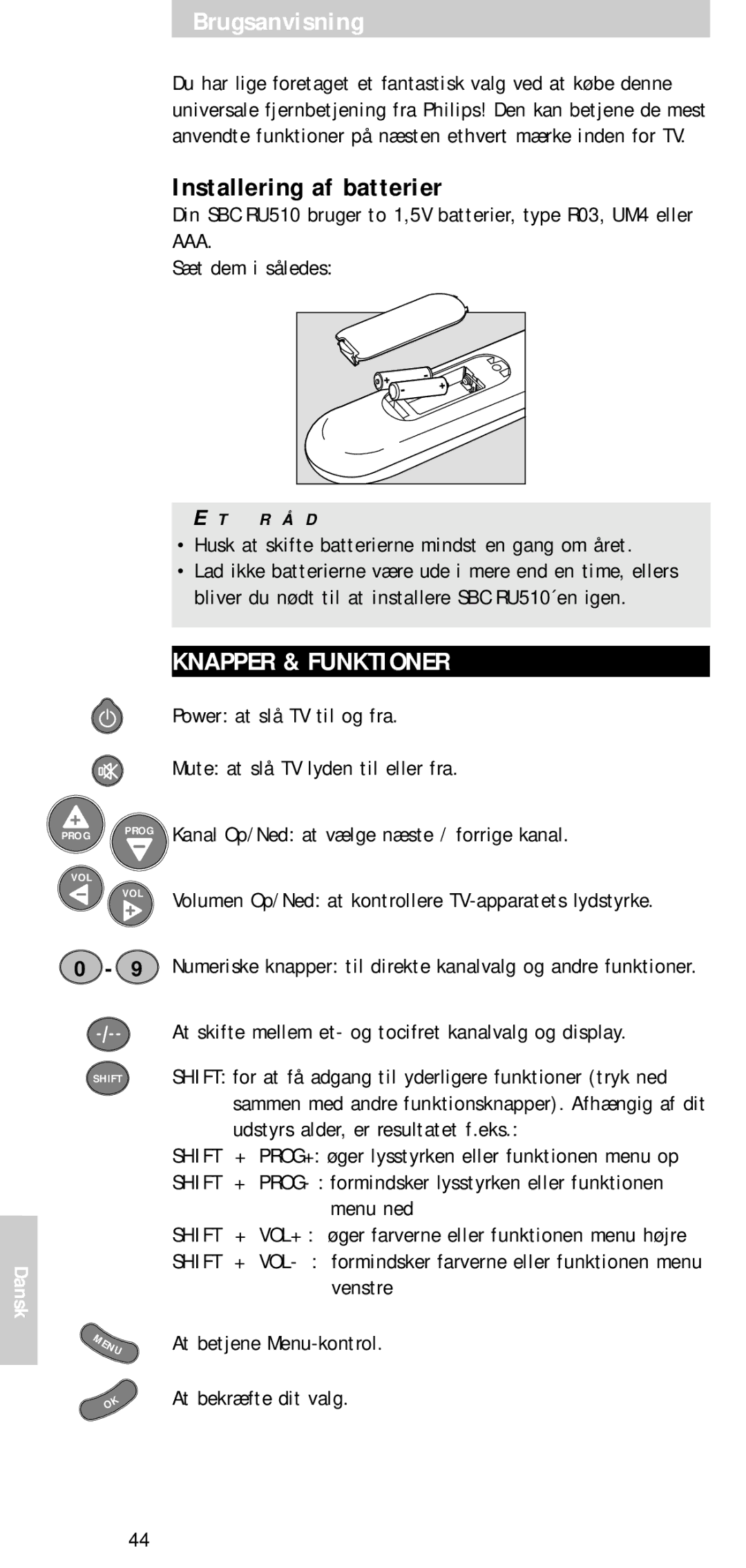 Philips SBC RU 510 manual Brugsanvisning, Installering af batterier, Knapper & Funktioner 