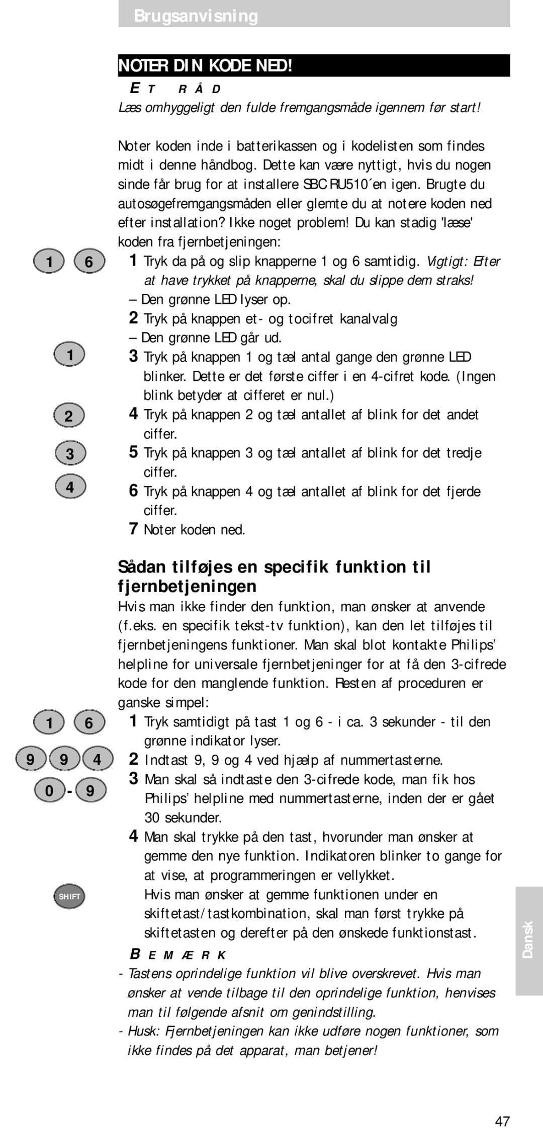 Philips SBC RU 510 manual Sådan tilføjes en specifik funktion til fjernbetjeningen 