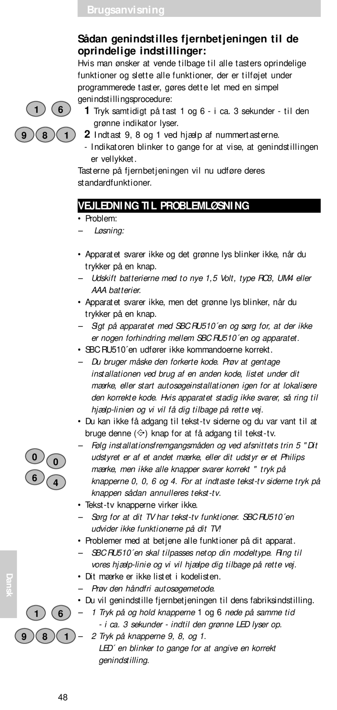 Philips SBC RU 510 manual Oprindelige indstillinger, Vejledning TIL Problemløsning 