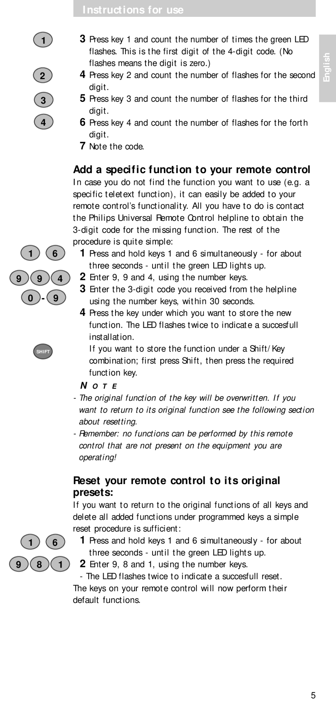 Philips SBC RU 510 manual Reset your remote control to its original presets, Enter 9, 9 and 4, using the number keys 