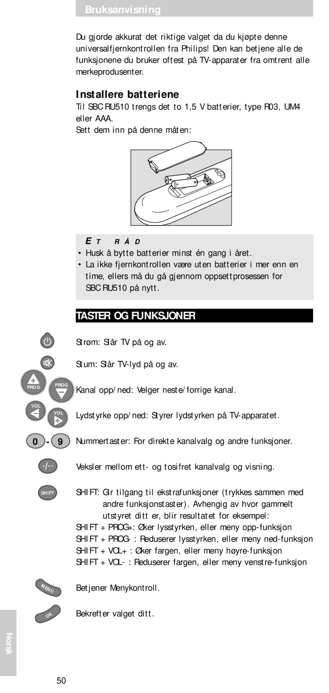 Philips SBC RU 510 manual Installere batteriene, Taster OG Funksjoner, Kanal opp/ned Velger neste/forrige kanal, Norsk 