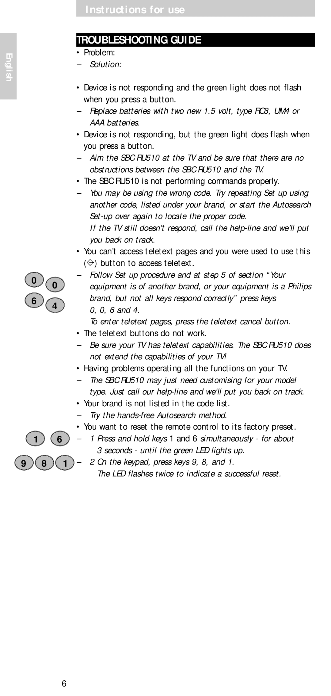 Philips SBC RU 510 Troubleshooting Guide, Solution, Try the hands-free Autosearch method, On the keypad, press keys 9, 8 