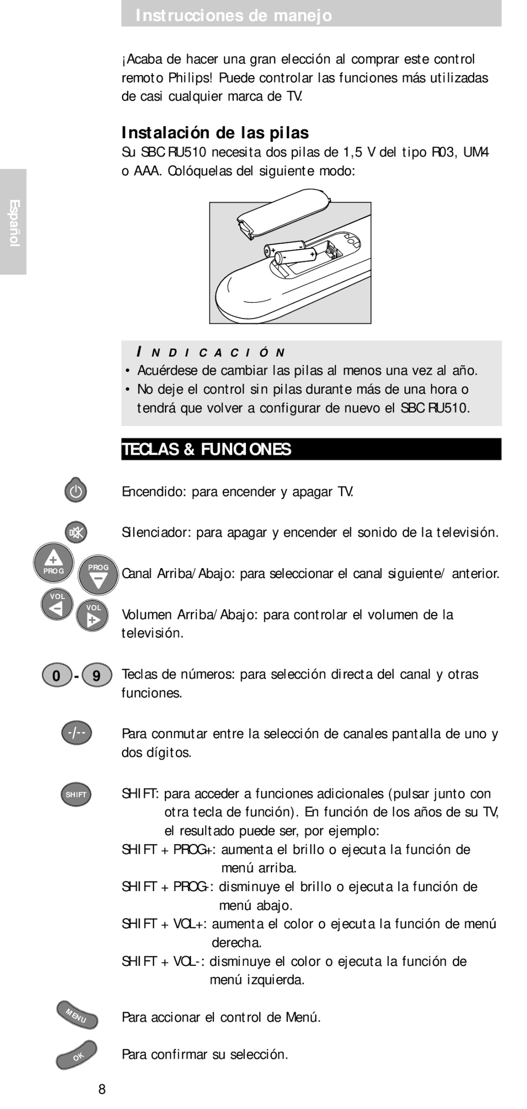 Philips SBC RU 510 manual Instrucciones de manejo, Instalación de las pilas, Teclas & Funciones, Español 