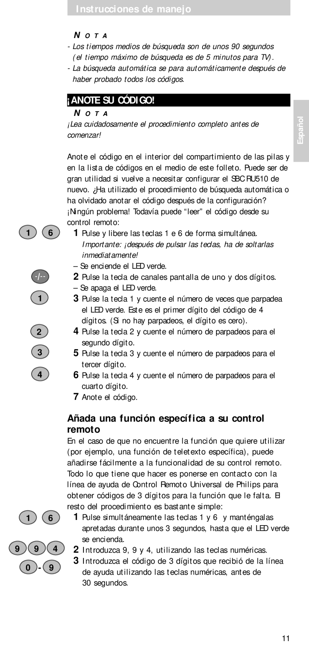 Philips SBC RU 510 ¡ANOTE SU Código, Añada una función específica a su control remoto, Se apaga el LED verde, Segundos 