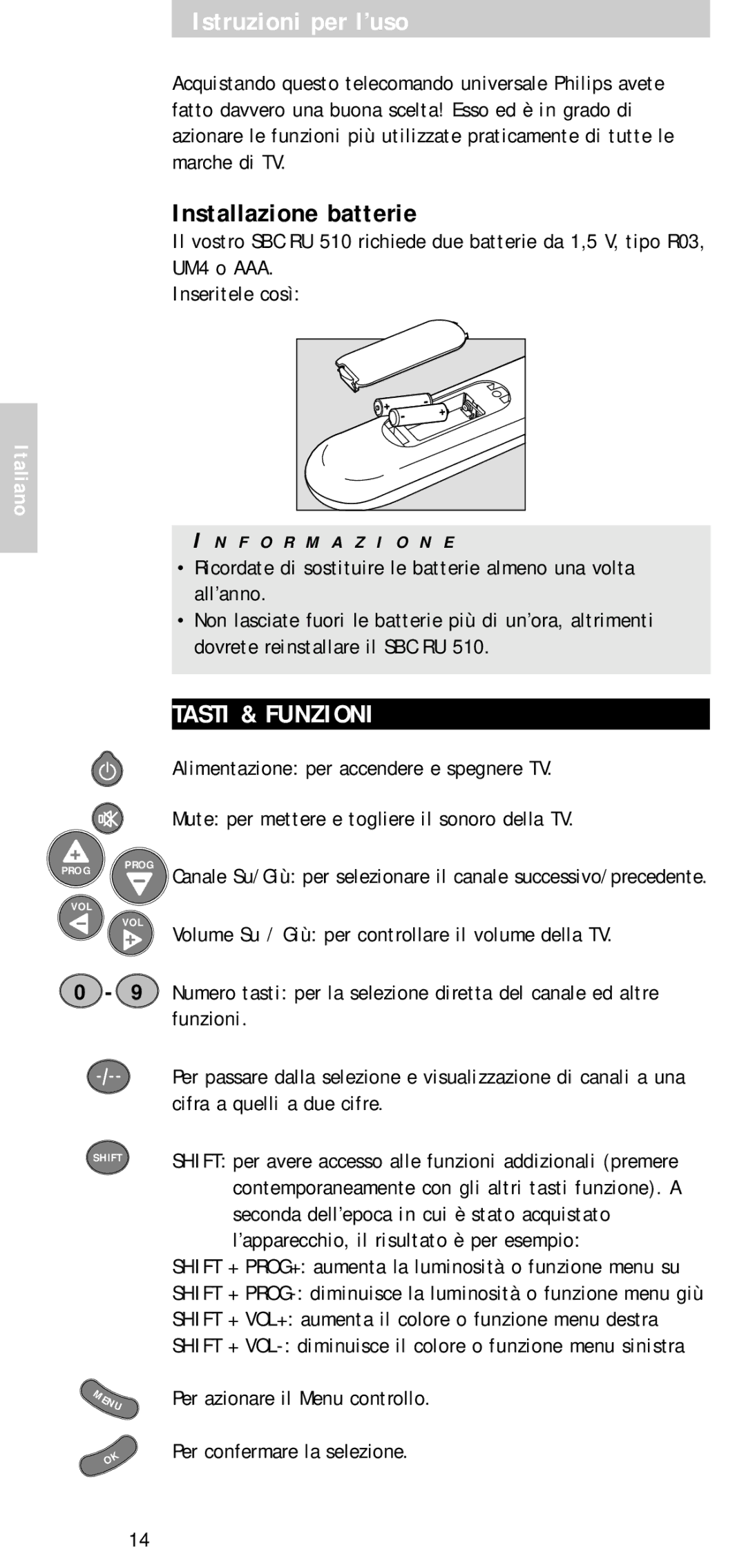 Philips SBC RU 510 manual Istruzioni per l’uso, Installazione batterie, Tasti & Funzioni, Italiano, F O R M a Z I O N E 