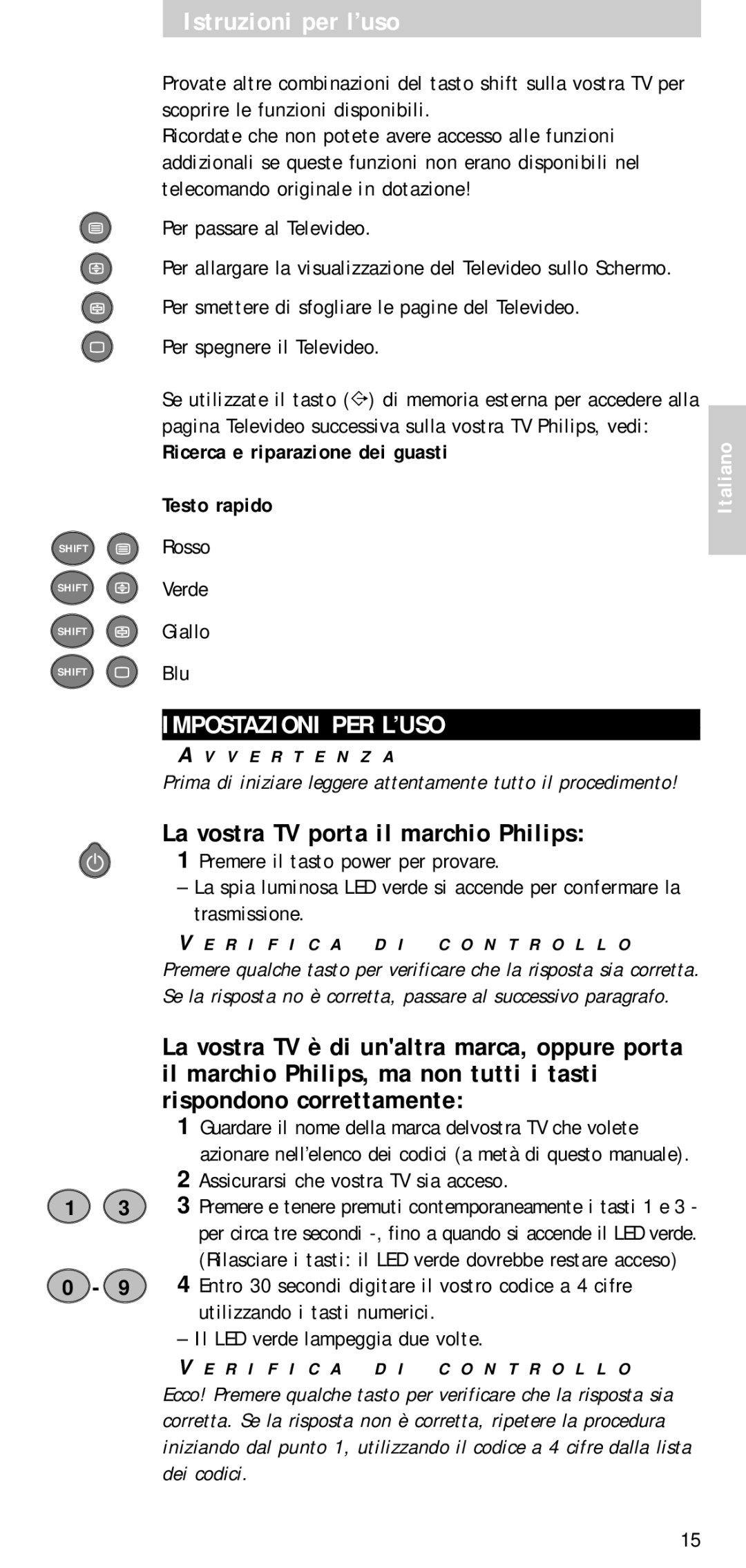 Philips SBC RU 510 Impostazioni PER L’USO, Rosso Verde Giallo Blu, Assicurarsi che vostra TV sia acceso, V E R T E N Z a 