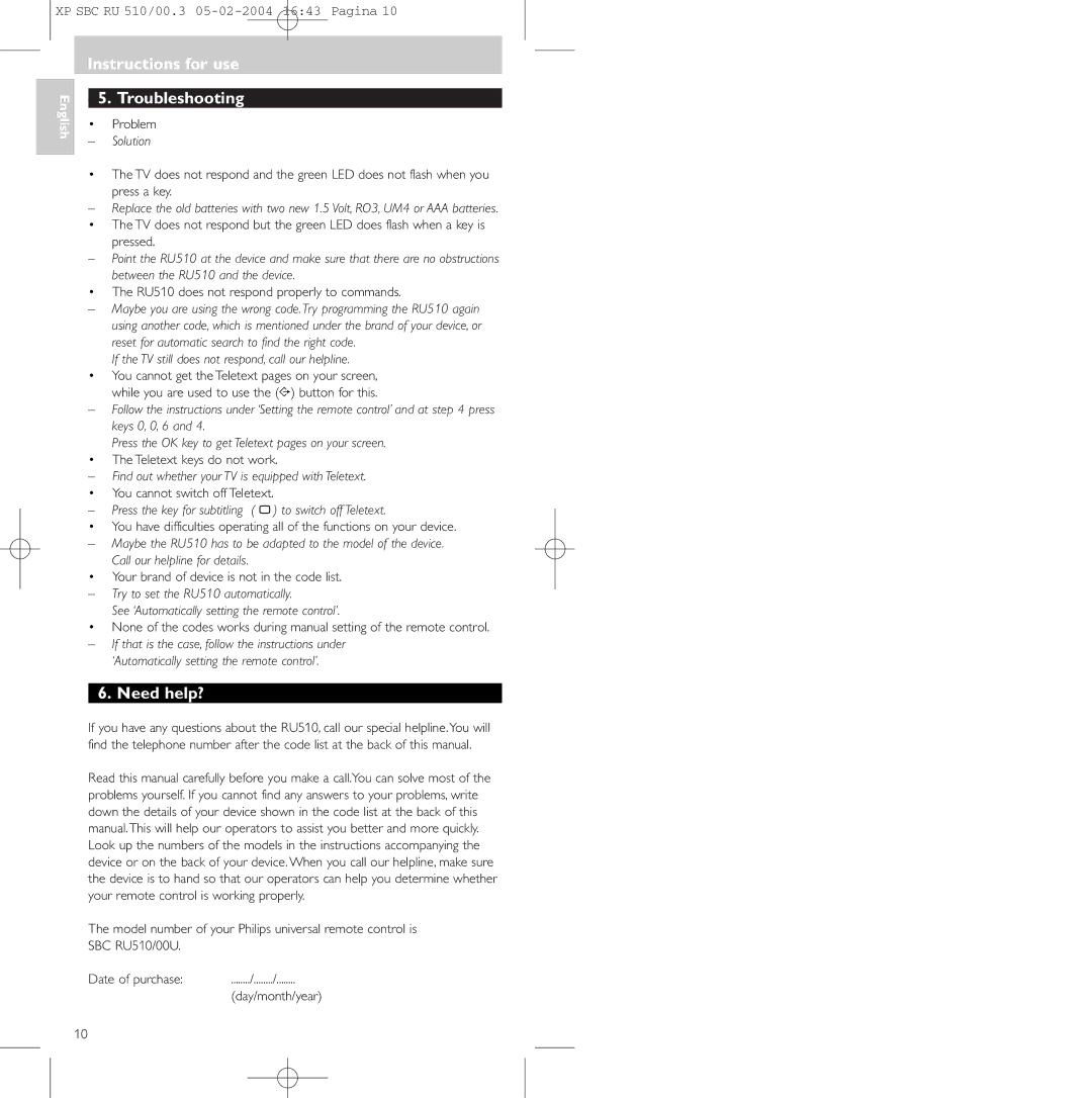 Philips SBC RU 510/00U manual Instructions for use Troubleshooting, Need help? 