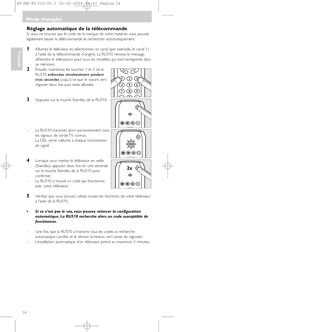 Philips SBC RU 510/00U manual Mode d’emploi, Réglage automatique de la télécommande, Clignote deux fois puis reste allumée 