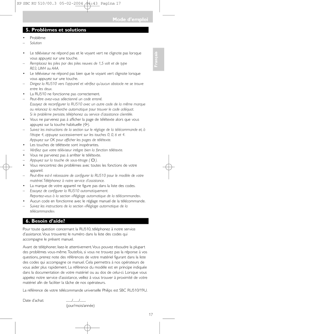 Philips SBC RU 510/00U manual Mode demploi Problèmes et solutions, Besoin d’aide? 