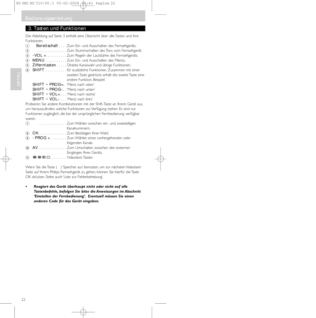 Philips SBC RU 510/00U manual Bedienungsanleitung Tasten und Funktionen 